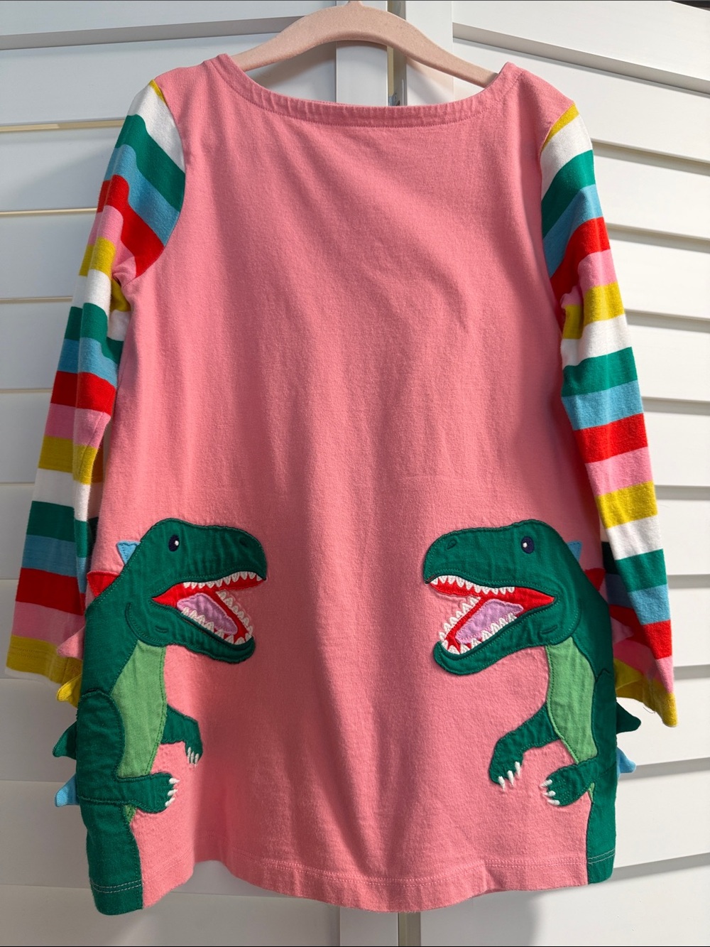 Mini Boden Pink Long-Sleeve Dress with Green Dino Pockets and Multicolor Stripes